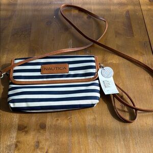Nautica Blue and White Striped Crossbody Bag with Leather Accents